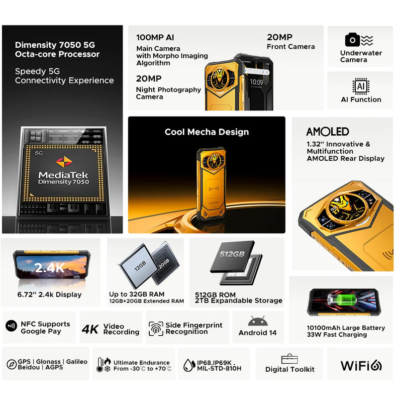 DOOGEE S200 X 5G Rugged Phone 6.72" 120Hz Dimensity 7050 12GB+512GB AI Triple Camera 10100mAh Battery NFC 5g Smartphone