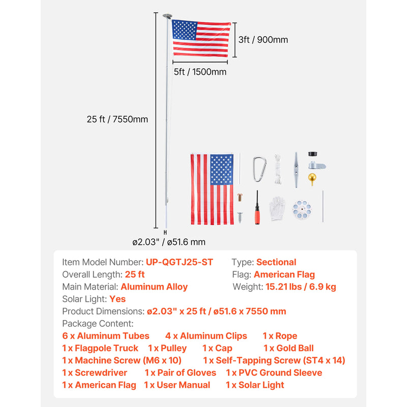 VEVOR 16/20/25/30ft Flag Pole for Outside House In Ground Thick Aluminum Flagpole Kit with 3x5American Flag for Yard Residential