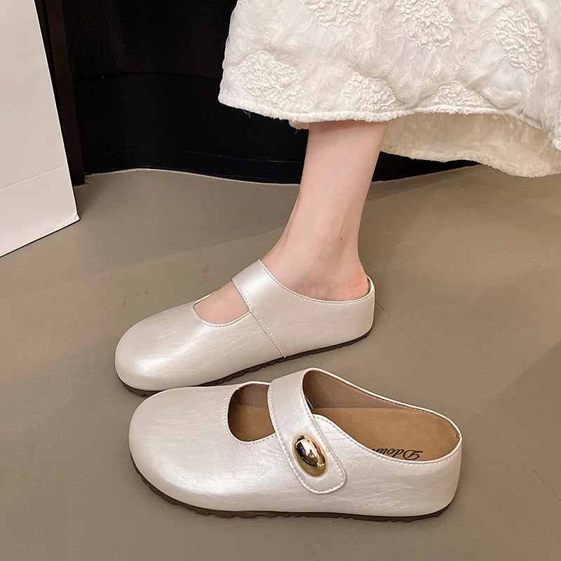 Summer Women Metallic Round Toe Mary Jane Hook & Loop Strap Mules Clogs Non Slip Casual Flats Sandals Slippers Shoes for Ladies
