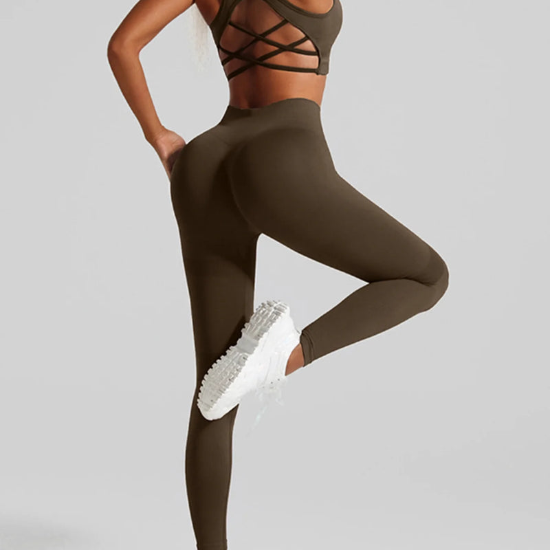 Women's Seamless Workout Set High Waisted Yoga Pants & Sports Bra with Removable Pads Booty Lifting for Running Training