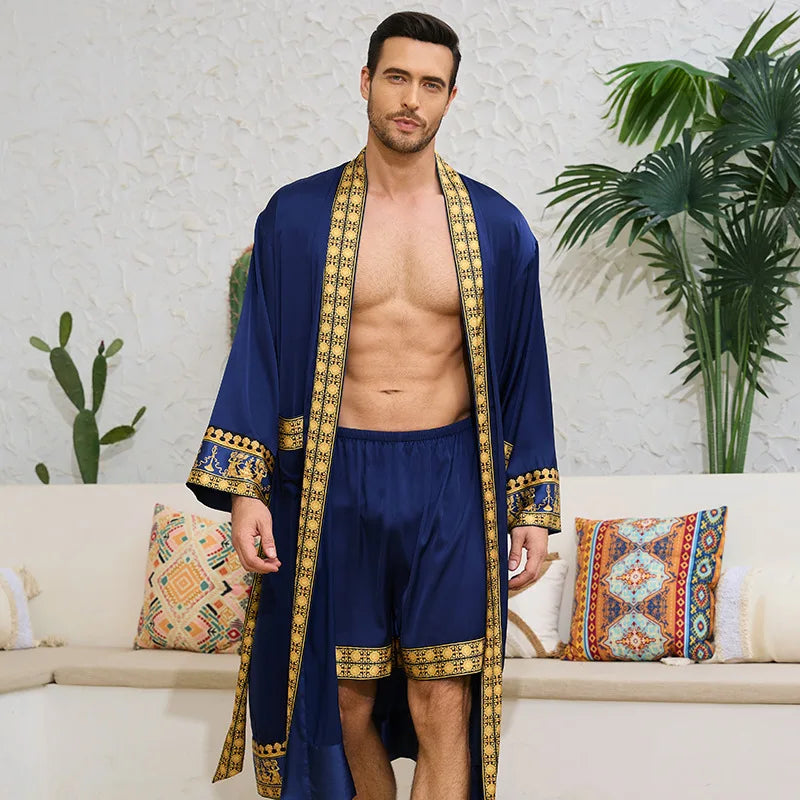 Men's Long Robe Pajamas Set Baroque Style Bathrobe Kimono Shorts Pijamas Spring Summer Sleepwear Home Clothes Satin Loungewear