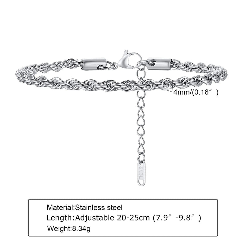 Hip Hop Men's Stainless Steel Rope Chain Bracelets,2/3/4/5mm Gold Color Adjustable Twisted Chain Wristband,Punk Casual Jewelry