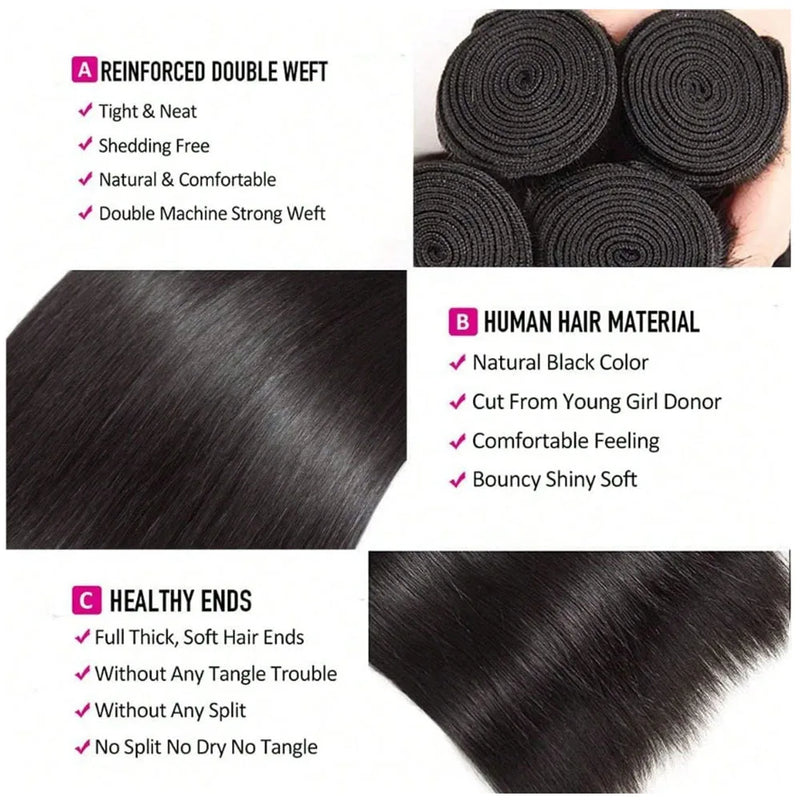 12A Brazilian Long Straight Hair 1/3/4 Bundle Deals Unprocessed Virgin Human Hair Bundles Bone Straight Natural Black Color 10-38 Inches