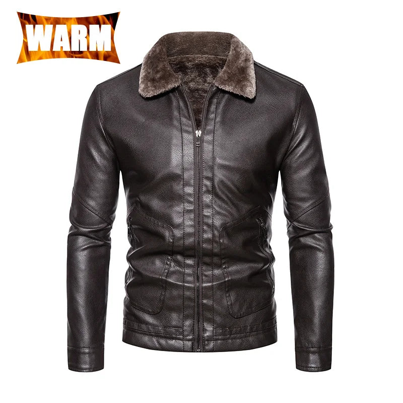 Faux Leather Men Jacket Thickened Plush Lining Warm PU Leather Jacket Business Casual Leather Jacket Winter Faux Fur Collar Coat