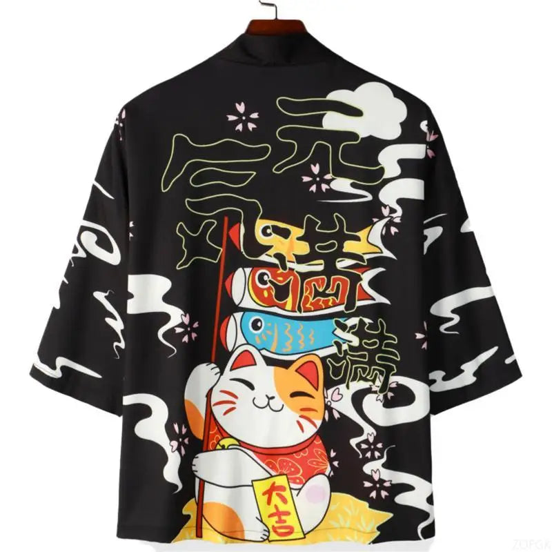 Japanese Cat Print Haori Kimono Yukata Samurai Men | SAMAG