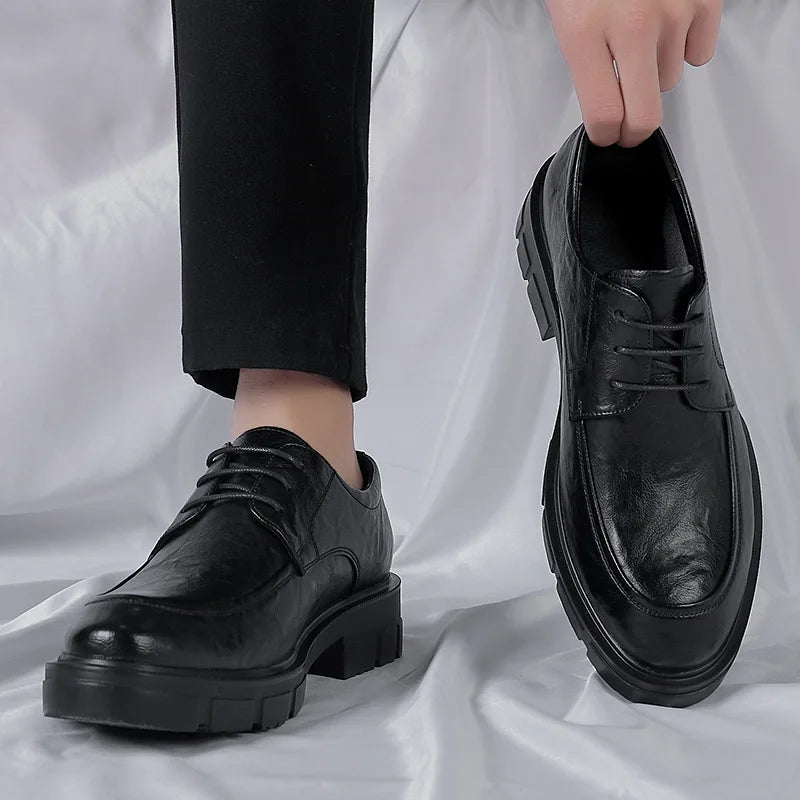 Men's Business High Heeled Leather Shoes Casual Thick Sole 10cm Height Increasing Hand Painted Pattern Trendy Formal Dress Shoes