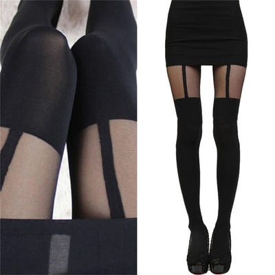 Sexy Women Black Fake Garter Belt Suspender Tights Over | SAMAG