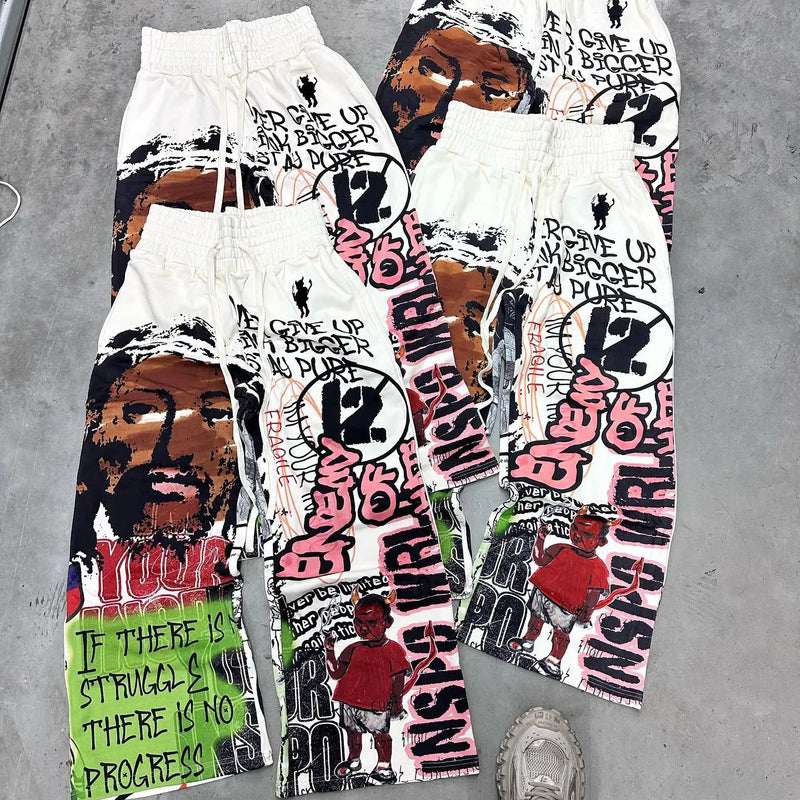 American Cartoon Graffiti Sweatpants Y2K Pants Mens Gothic Hip Hop Cartoon Retro Baggy Elastic Waist Jogging Casual Trousers