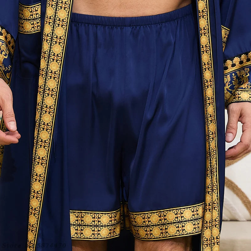 Men's Long Robe Pajamas Set Baroque Style Bathrobe Kimono Shorts Pijamas Spring Summer Sleepwear Home Clothes Satin Loungewear