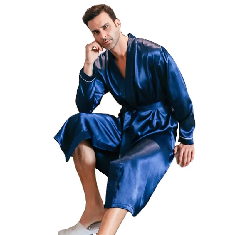 Pajama men's spring and autumn silk thin style oversized pajamas long sleeved bathrobes ice silk bathrobes home clothing summer