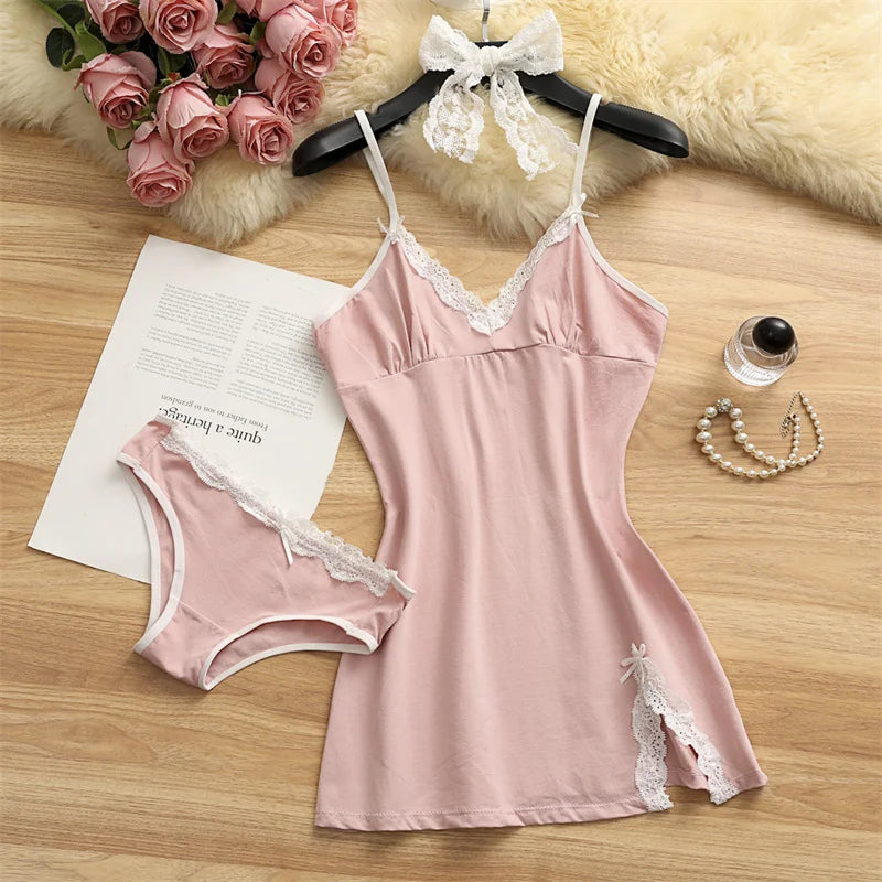 Women Pajama Cotton Suspender Nightdress Set Cute Lace | SAMAG