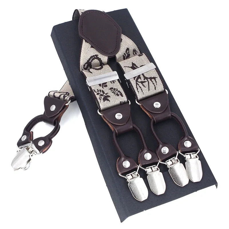 Men's Casual Fashion Leather Suspenders Adjustable High Quality Belt Strap Braces with 6 Clips