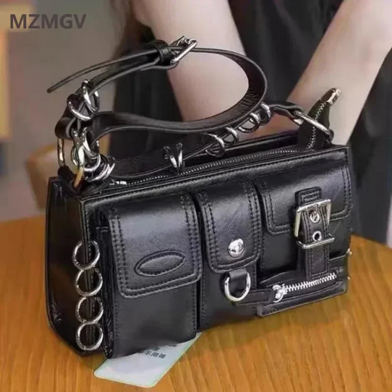 Meet You Y2K Vintage Gothic Black Shoulder Bag for Women Punk Cool Girls Multi-pocket Pu Leather Underarm Bag Trend Tote Bag