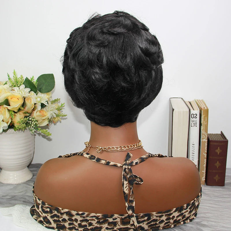 Curly Pixie Cut Wigs Human Hair Brazilian Remy Hair Short Pixie Cut Wig Human Hair Fashion Colored 1B Full Machine Wig On Sale