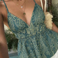 Retro Blue Paisley Print Crisscross Back Cami, V-Neck Top with Waist Ruffle, Casual Holiday Top for Vacation, Daily Wear & Datin