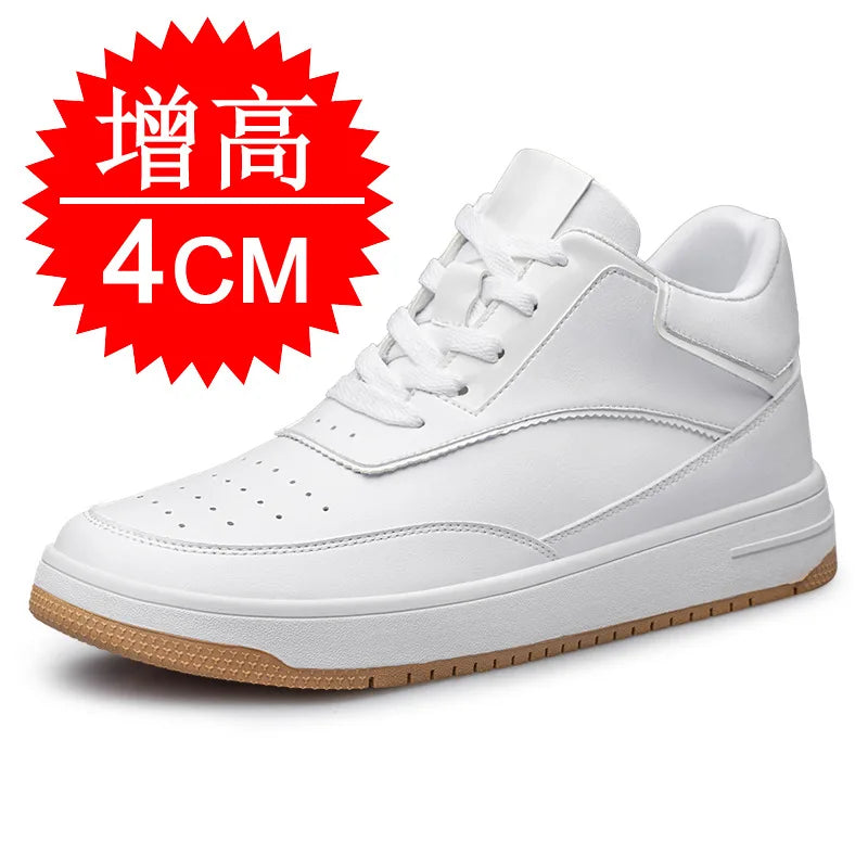 Men's Invisible Height Increasing Elevator Shoes 6cm 8cm 10cm Pure White Light-Weight Lace-up Genuine Leather Sporty Sneakers