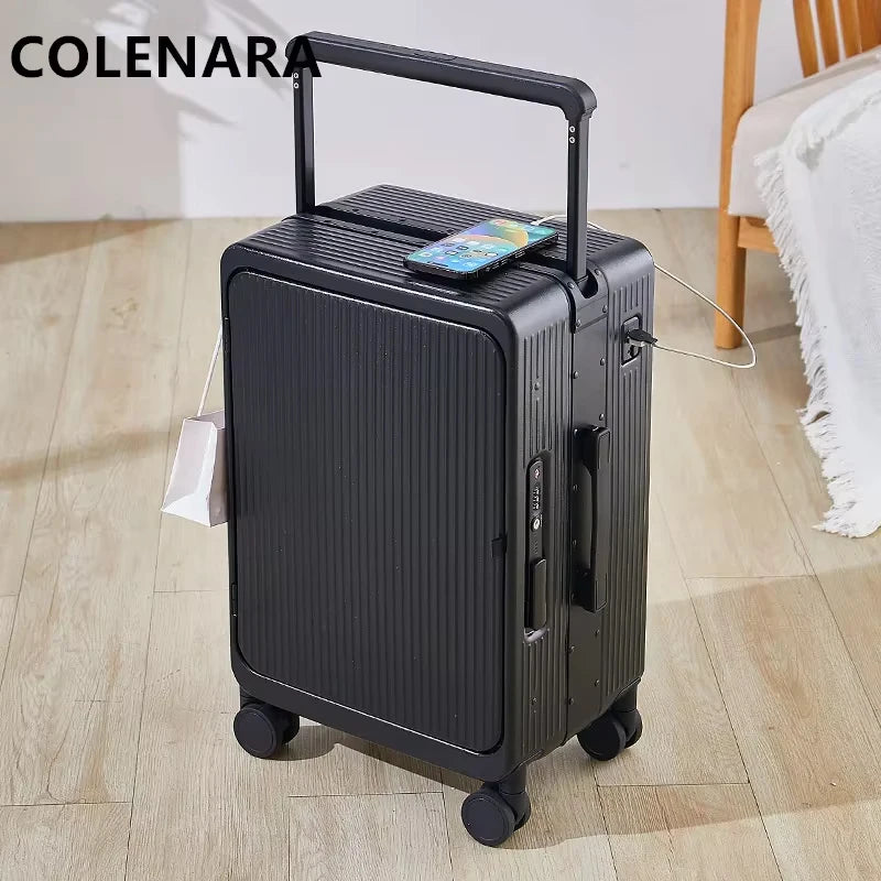 COLENARA 20 Inch Charging Luggage Aluminum Frame Boarding Case 25 Inch Front Opening Laptop Women's Trolley Travel Suitcase