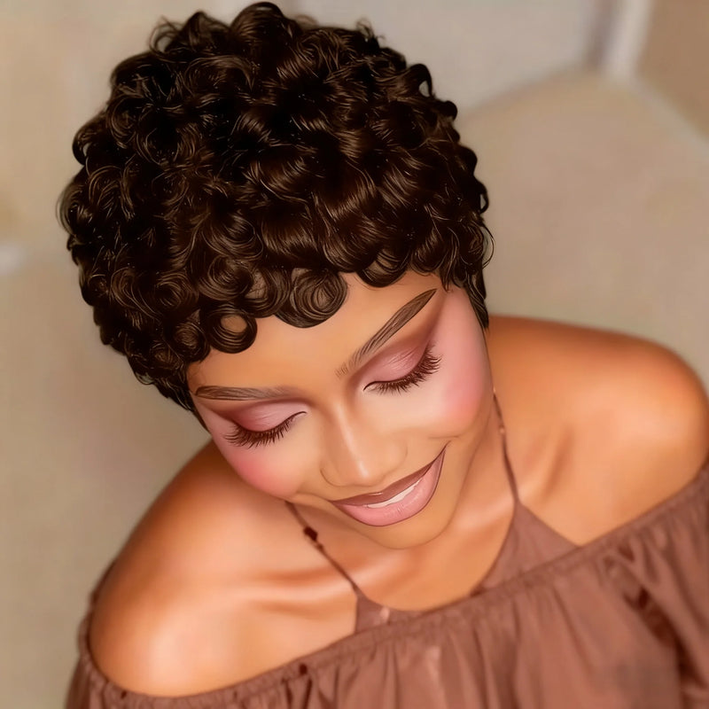Layered Short Loose Curly Pixie Cut Human Hair Wig With Bangs Full Machine-Made Wig  for Women