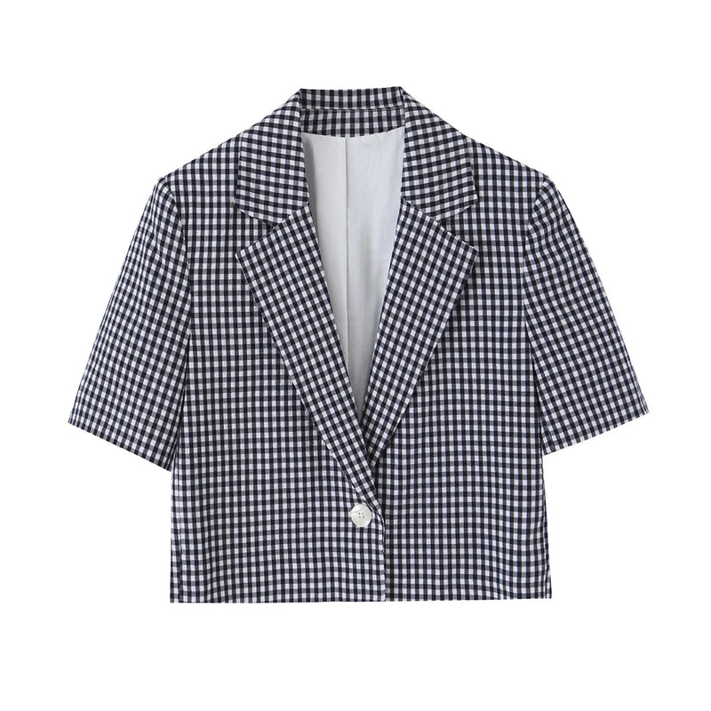 HH Women Casual Slim Plaid Blazer Pants Set 2026 Summer Autumn Gingham Short Blazer+High Waist Capri Pants Fashion Office Suits
