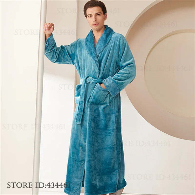 Large Size Flannel Men's Long Robe Kimono Gown Winter Thicken Sleepwear Loungewear Loose Coral Fleece Couple Pajama Home Clothes