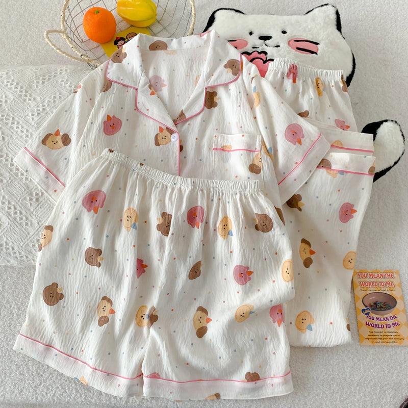 Cartoon Hello Kitty Summer Cardigan Lapel Women's Pajama Set Cloud Cotton Cute Printed Casual Loungewear Three-piece Set