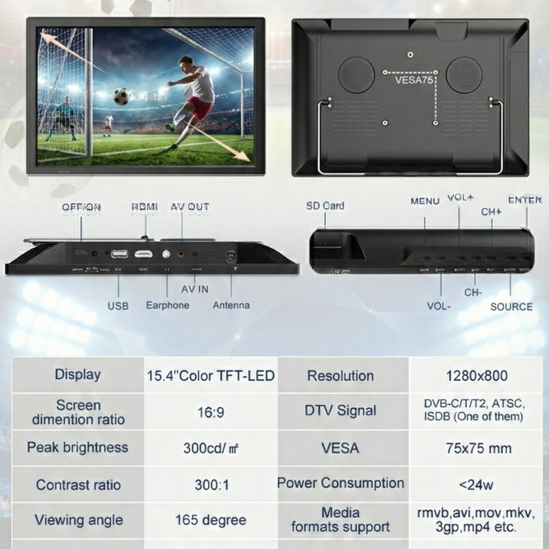 15.4 Inch Portable Smart TV Android LED LCD Digital Television for Football Match Live Viewing Outdoor Camping Caravan Car