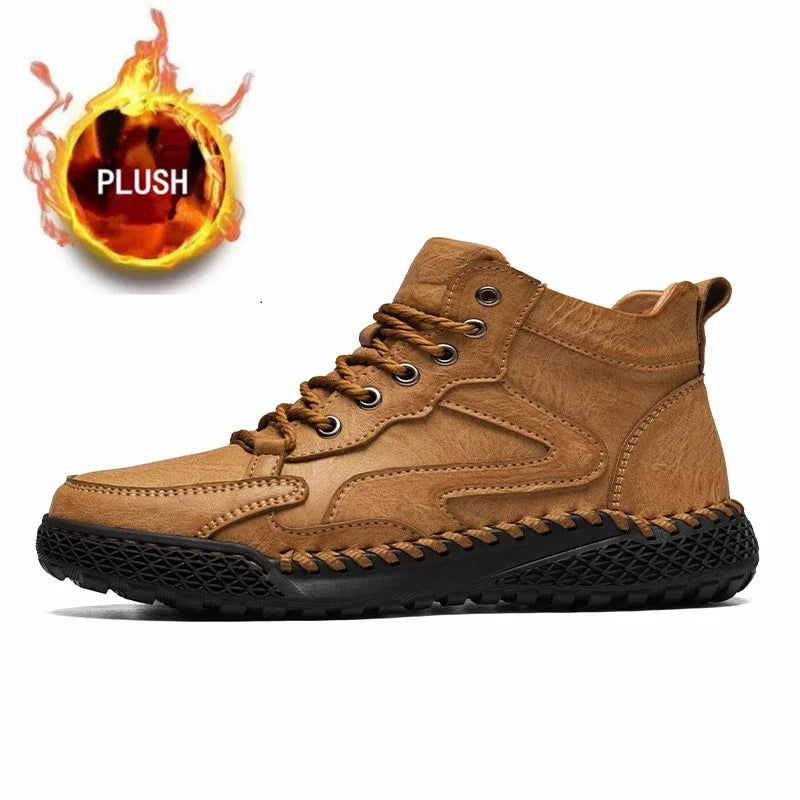 Outdoor Hiking Shoes for Men Autumn Winter Men Ankle Boots Hand Stitched Optional Plush Non-slip High Top Casual Shoes Sports