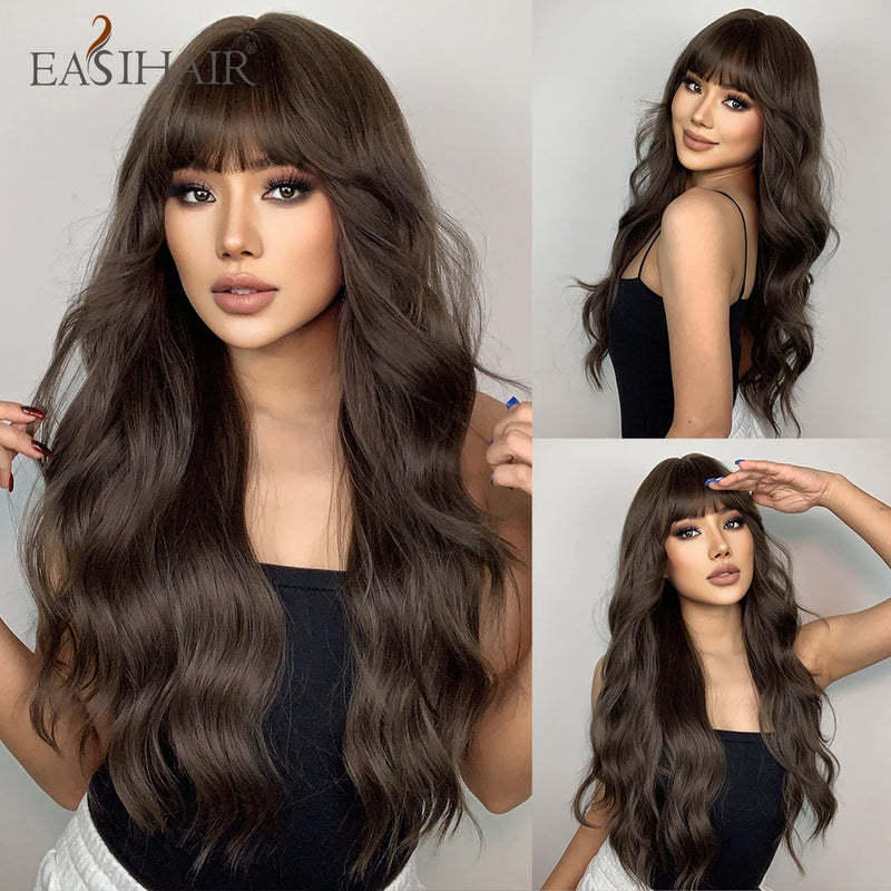 Long Blonde Ombre Brown Synthetic Wigs Water Wavy Platinum Wigs with Bang Hair Wig for Women Daily Cosplay Party Heat Resistant