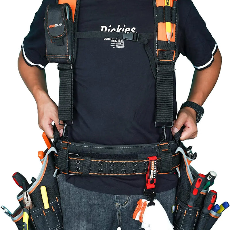 MELOTOUGH 26-Pocket Pro Framer's rig Combo Apron Tool Belt and Heavy Duty Padded Suspenders with Magnetic Desinger(Yellow)