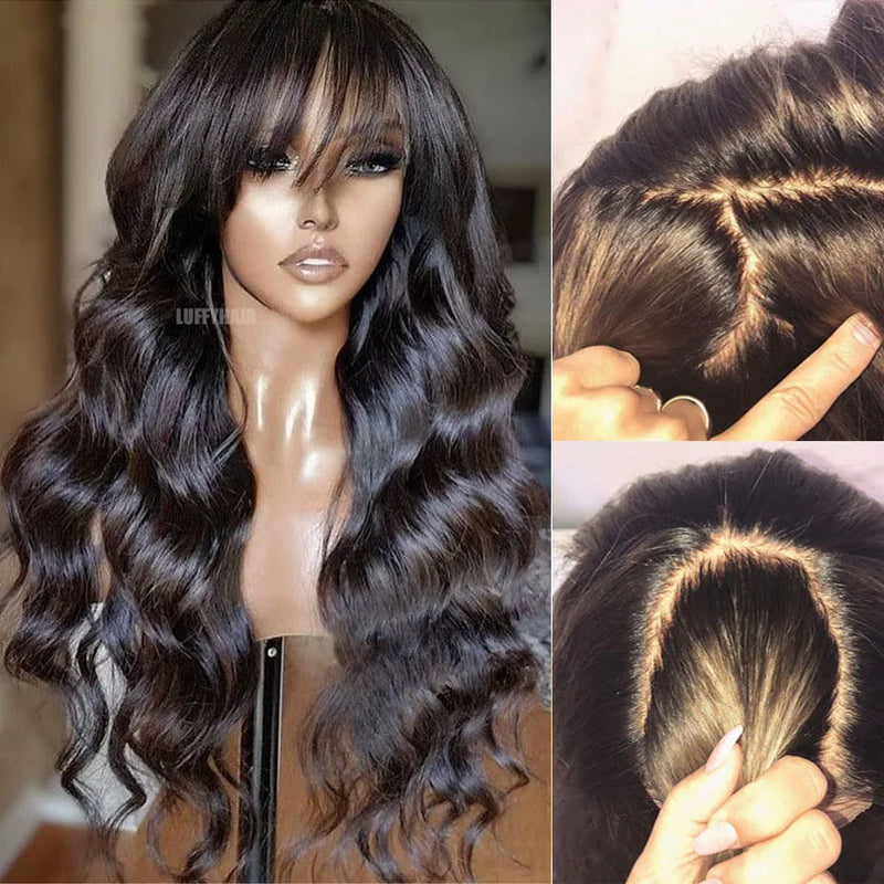 Wavy Bangs Silk Base Full Lace Wig Brazilian Natural Wave Silk Top Full Lace Human Hair Wigs with Air Bangs For Women