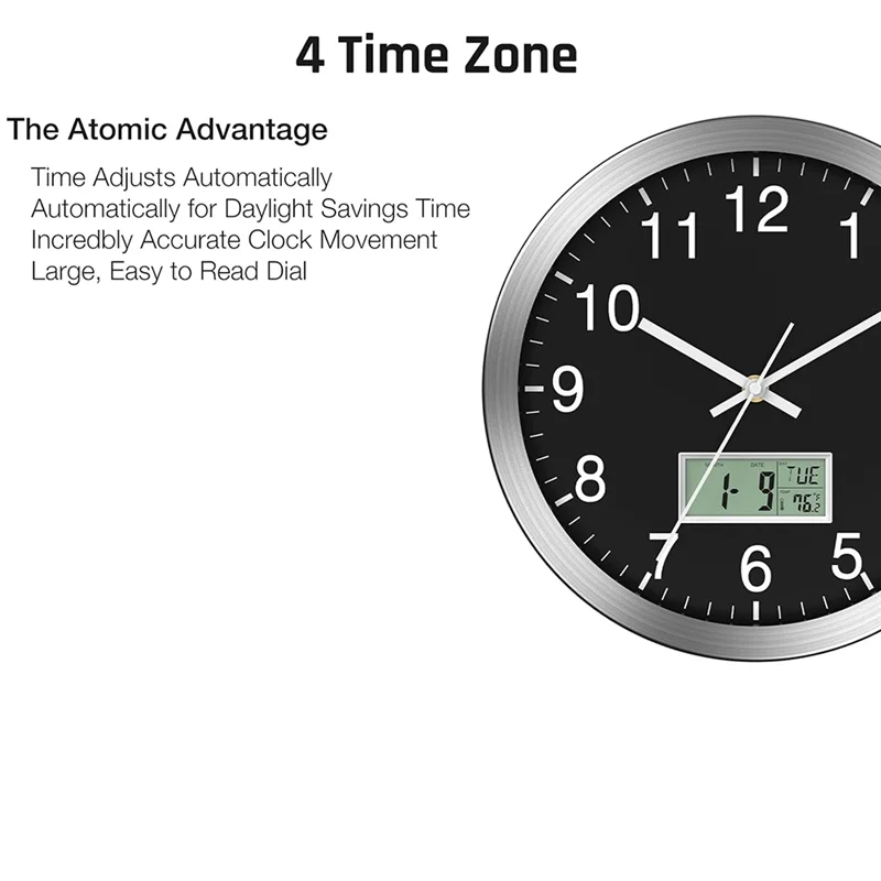12Inch Wall Clock With Digital Date, Week & Indoor Temp - Battery Operated Wall Clock, Auto Sets,Easy To Read-AT64
