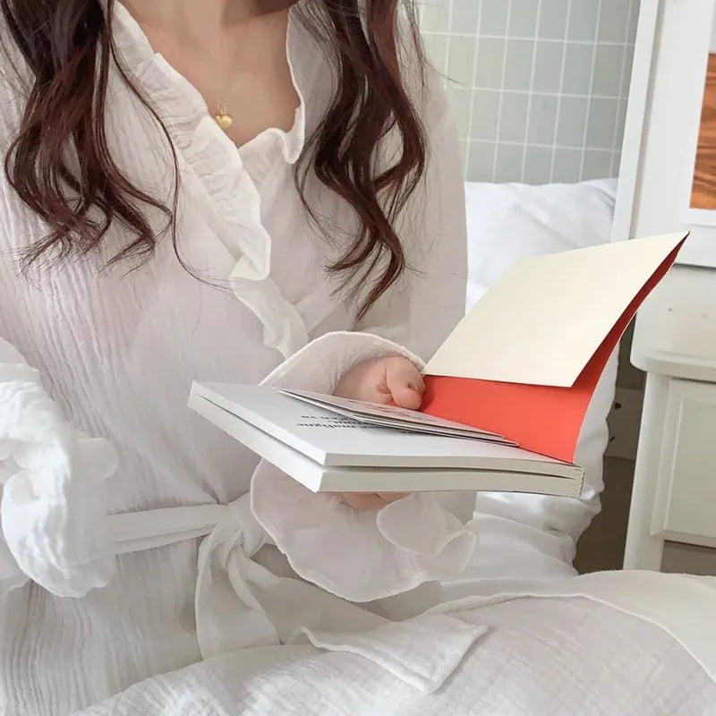 Women's Spring and Summer New Simple Long-Sleeved Robe Girls Sweet Ins Wind Ruffled Thin Section of Solid Color Pajamas Home Wea