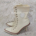 Retro Canvas Front Lace Up Sports High Heel Boots 2025 Mixed Color Mid Calf Casual Boots Pointed Toe Inner Zipper Modren Boots