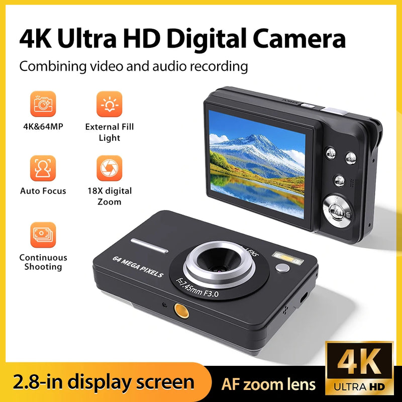 4K 64MP Digital Camera with 18X Digital Zoom, Auto Focus, External Fill Light, 2.8" LCD Screen, Portable Compact Camera for Phot