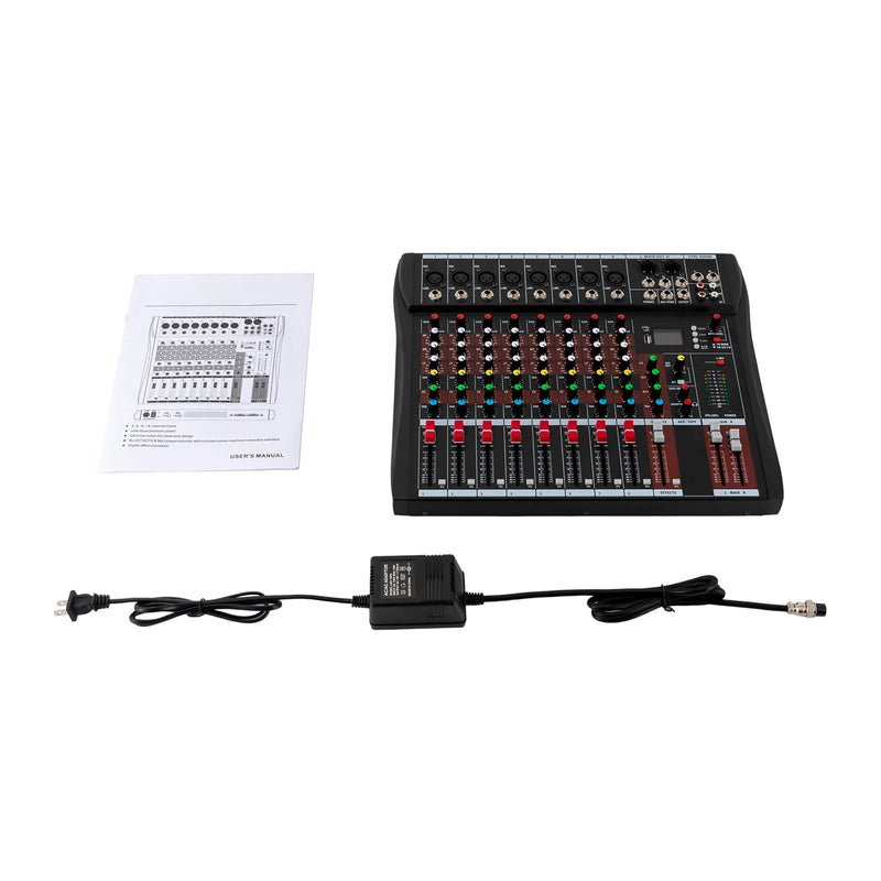 8-Channel Bluetooth Audio Mixer Console, Professional USB DJ Mixing Board with Stereo 2-Track for Live Sound Studio