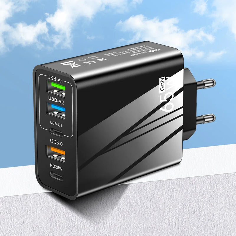 5 Ports 65W USB Type C Fast Charging Charger QC 3.0 Phone Adapter  For iPhone 15 Huawei Xiaomi Samsung EU/US Plug Wall Charger