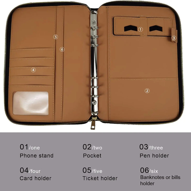 New A5 Binder with Phone stand,PU Leather Portfolio Budget Binder Cover,6 Rings Refillable Notebook Planner Cover with Zipper
