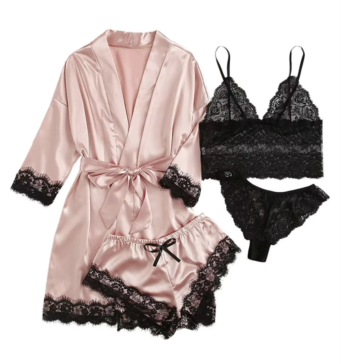 Women's Pajama Fashion 4-piece Set Lace Satin Strap Sexy | SAMAG