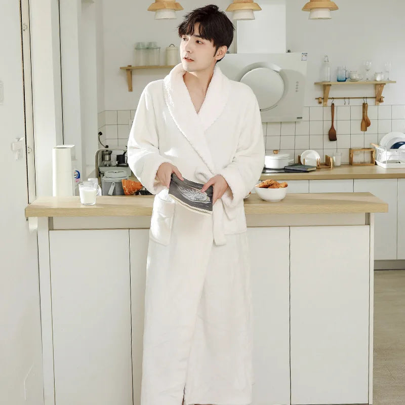 Couple Flannel Robe Winter Thick Warm Bathrobe Long Fleece Sleepwear Loungewear for Men and Women
