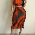 Women's Striped 2 Piece Outfit Casual Sleeveless Top Ruffle Asymmetrical Skirt Set for Daily Vacation Office Wear