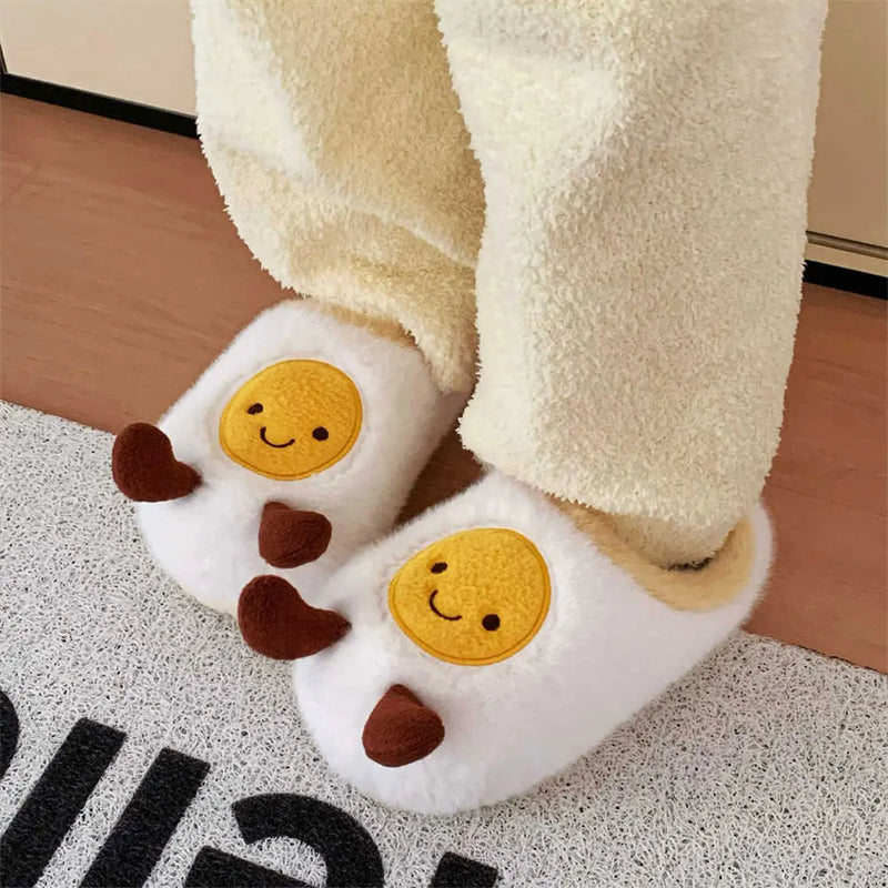 Winter Warm Indoor Slippers, Non-Slip Cotton Slippers, Cute Fried Egg Winter New Plush Home Shoes, Women's Slippers