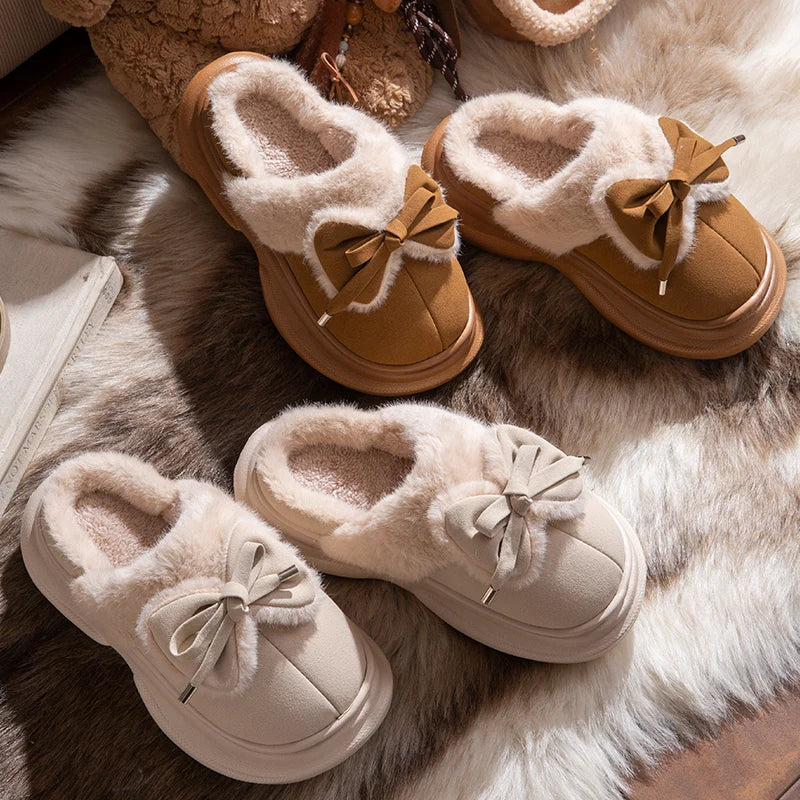 Bow Winter Women's Slippers Home Casual Plush Luxury Designer Woman Shoes Wedges Platform Fuzzy Fur Slides Fashion Soft Sole