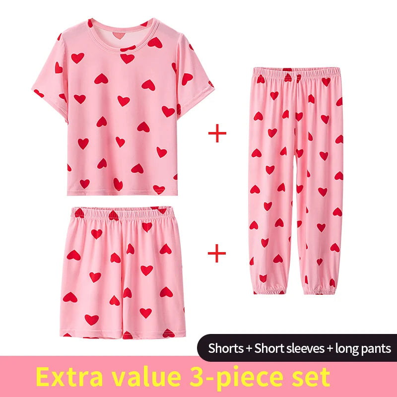 3-Piece Children's Fashion Printed Multicolor Home Service Suit Boy Casual T-shirt Girl Sweet Love Pattern Comfortable Shorts