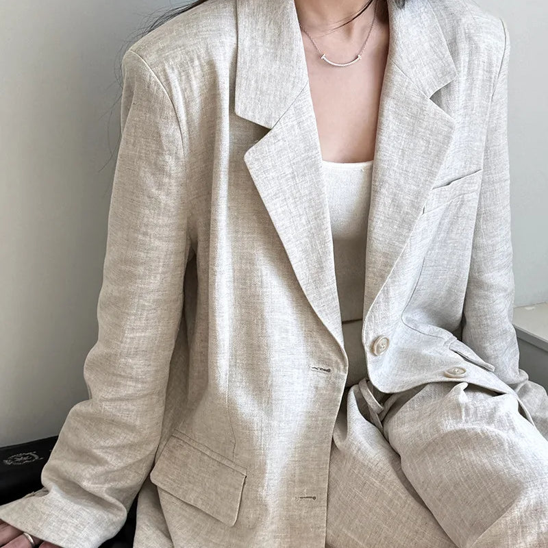 Autumn Hig-end Linen Material Blazer Jacket Sets Women 2025 Summer New Loose Wide Leg Casual Pant Ladies Clothing Office Lady