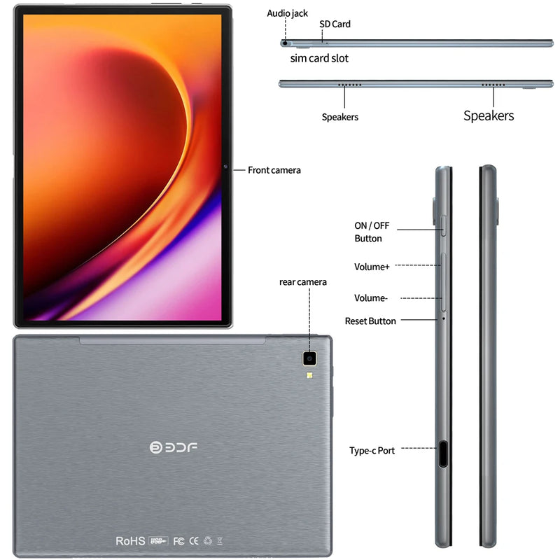 BDF Tablet 10.1 Inch 4G Lte Sim Card Octa Core 8GB RAM 256GB ROM Tablets 2.4G/5G Wifi Android 13 Sim Card Tablet PC