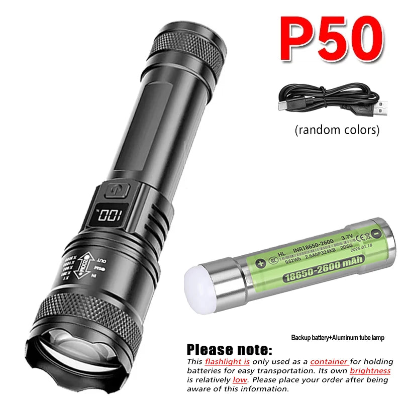2000LM Ultra Bright P50 LED Flashlight Tactical EDC Torch Telescopic Zoom Type-C Rechargeable Emergency Spotlight for Camping