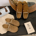 Women Suede Mules Clogs Lace Trim Buckle Strap Round Toe Slip On Shoes Vintage Brown Khaki Mid Heel Casual Outdoor Footwear