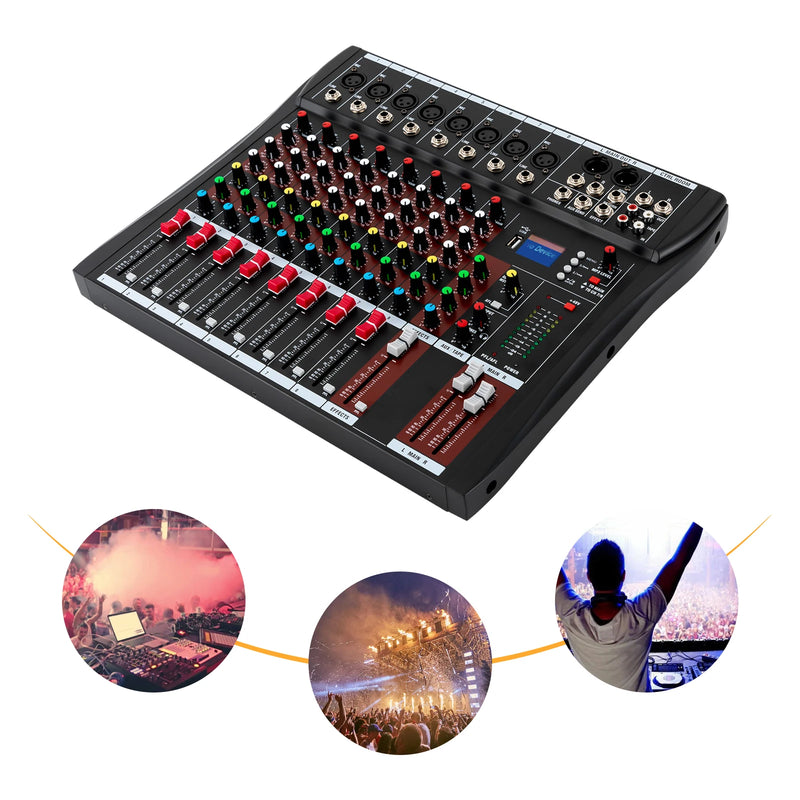 8-Channel Bluetooth Audio Mixer Console, Professional USB DJ Mixing Board with Stereo 2-Track for Live Sound Studio