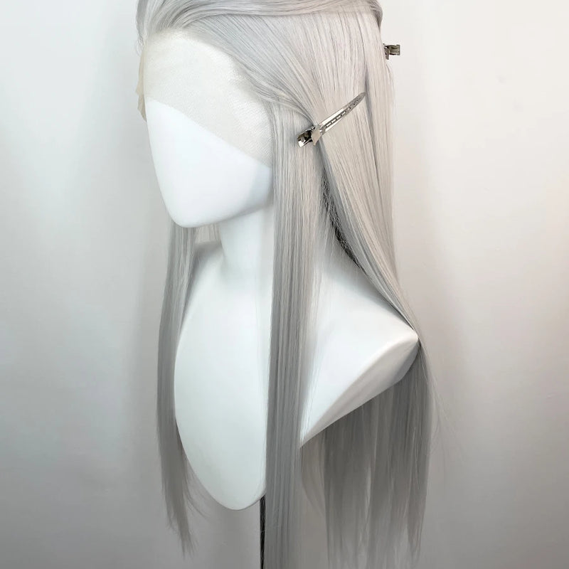 Widow‘s Peak Silver Grey 13x4 Synthetic Lace Front Wigs for Women Elf Cosplay 26 Inch Long Straight Glueless Wigs Free Part