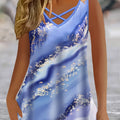 Plus Size Marble Print Tank Top Casual Criss Cross Sleeveless V Neck Top For Summer & Spring Women's Plus Size Clothing